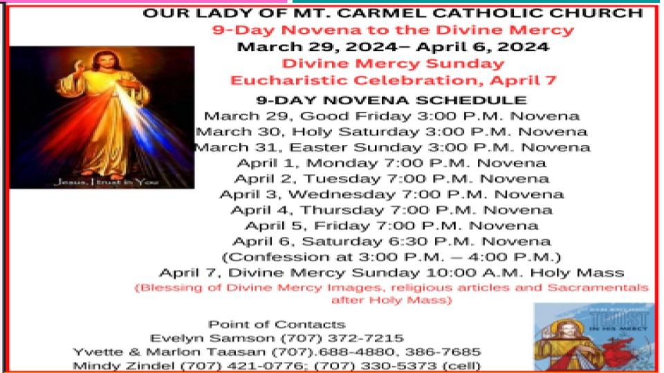 horario de eventos Our Lady of Mount Carmel Fairfield, CA